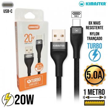 Cabo Tipo C 1m Turbo 20W CB717C Kimaster Preto