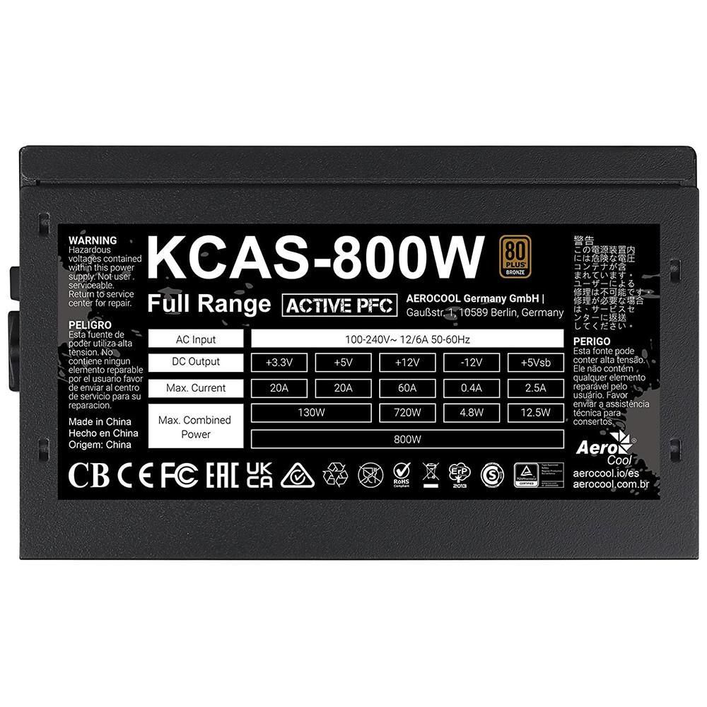 Fonte 800W Aerocool KCAS 80Plus Bronze PFC Ativo - KCAS-800W