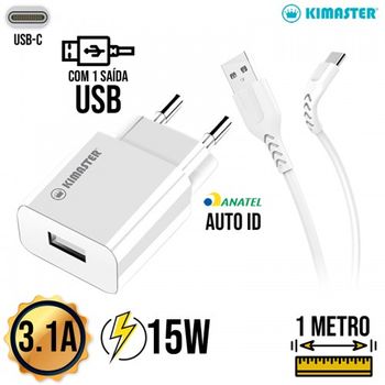 Kit Carregador 1 USB 15W + Cabo Tipo C 1m T502UC Kimaster Branco