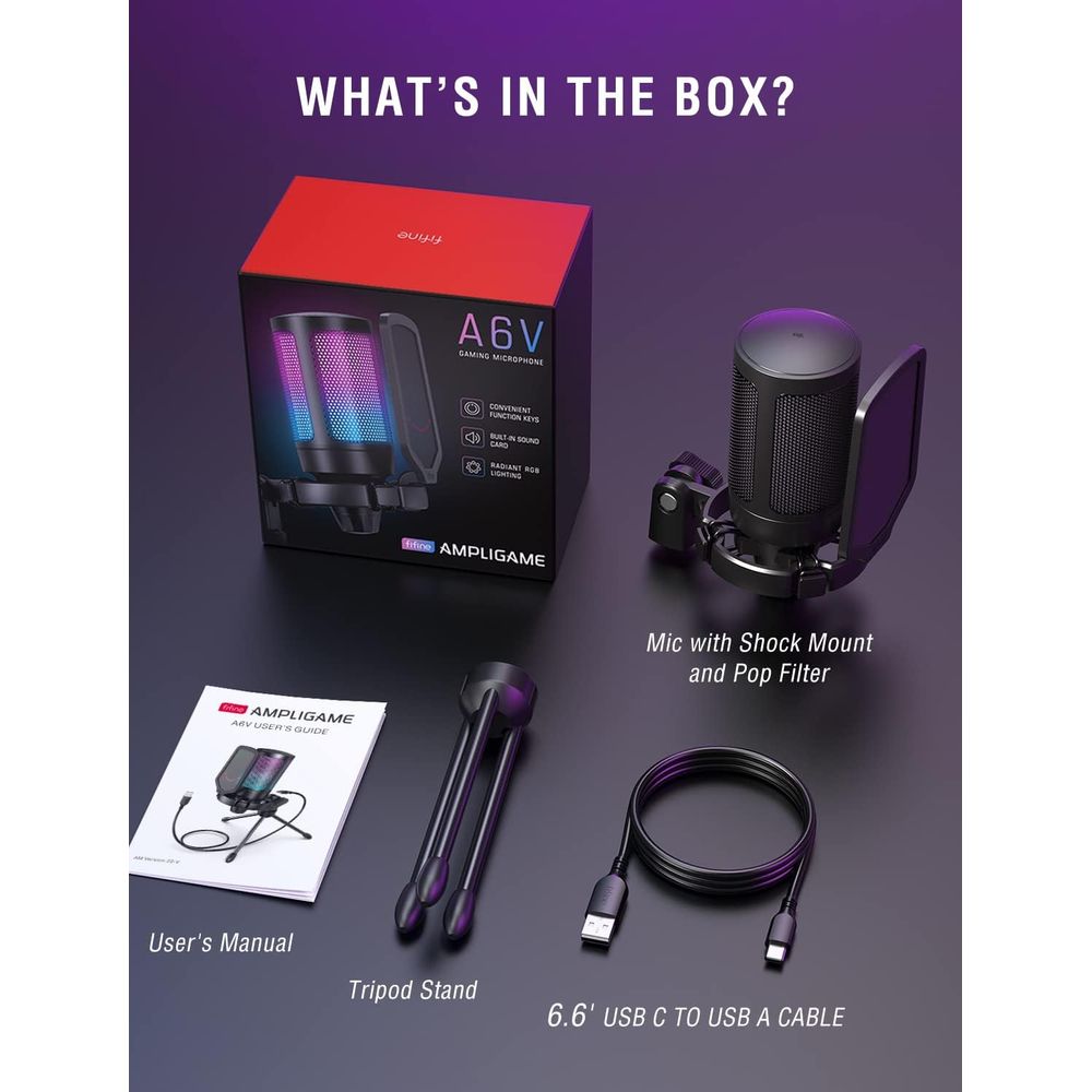 Microfone Fifine Ampligame A6V Preto RGB USB | ChipByte Informática